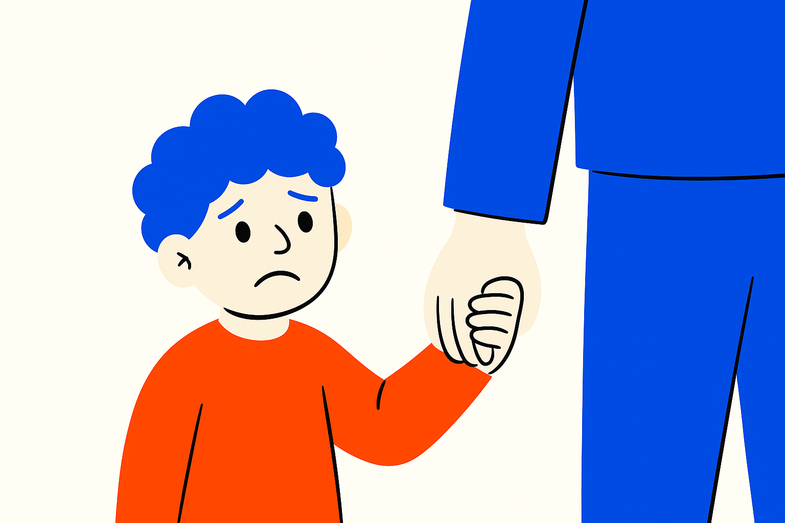 Enfant inquiet tenant la main d’un adulte dans un moment d’accompagnement bienveillant