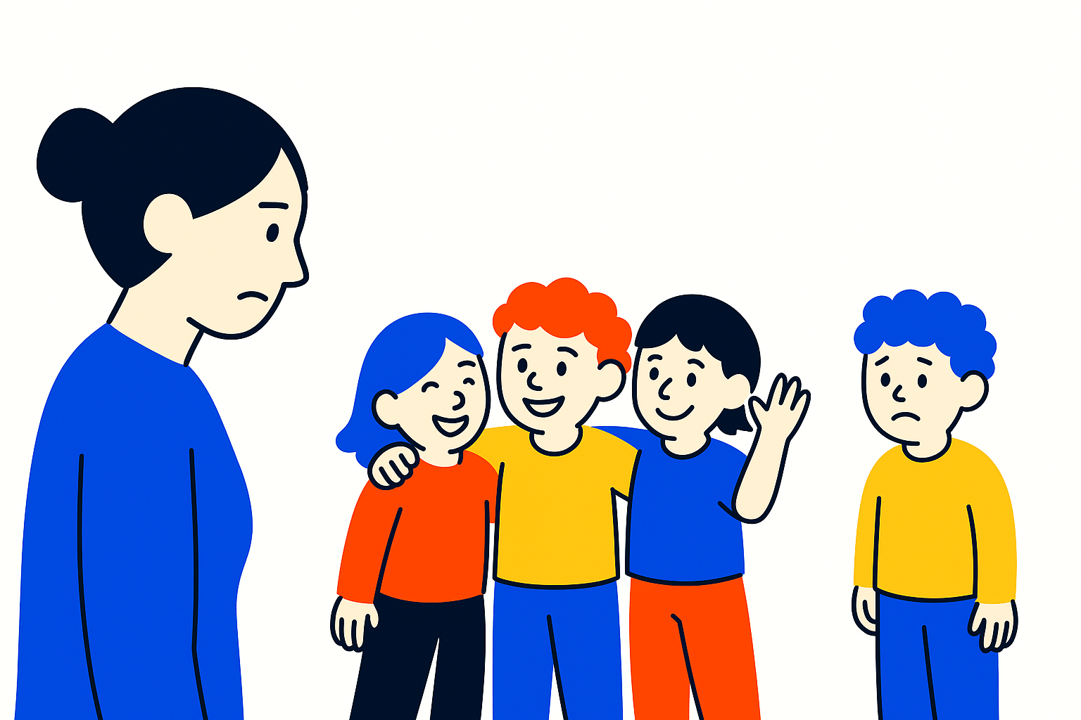 Enfant en retrait, regardé par un adulte attentif